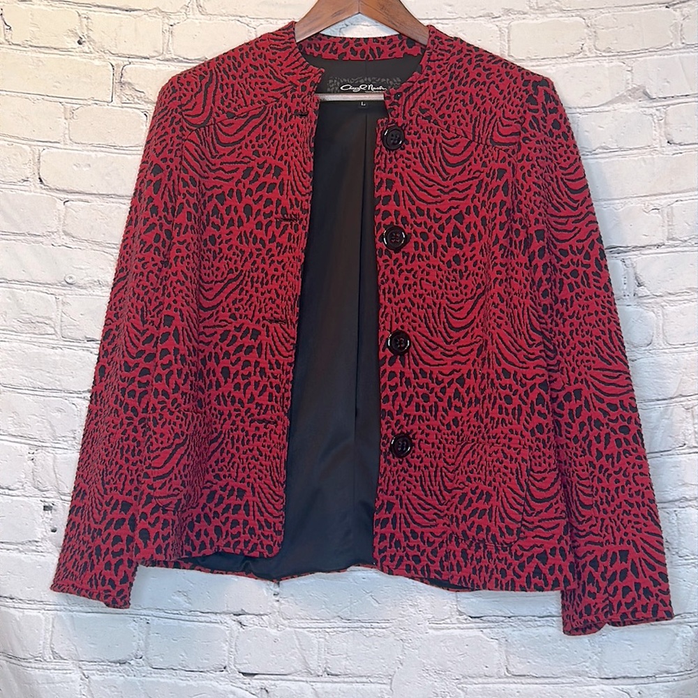 Cheryl Nash Windridge Red & Black Lined Button Collarless Jacket Size Large